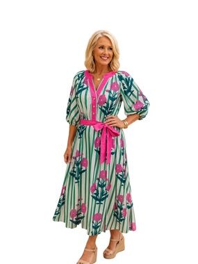 Umgee Green and Pink Floral Stripe Midi Dress with Belt Size Large NWT